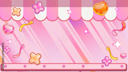 Pastel store frame with pink stripes and hanging signboard, cute cartoon vector for bakery banner, candy shop, or baby boutique design.