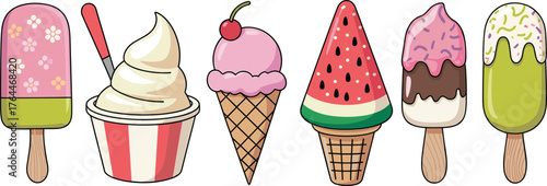 Colorful ice cream collection, cute cartoon popsicles and cones illustration, summer frozen dessert, sweet creamy treats, fun food design