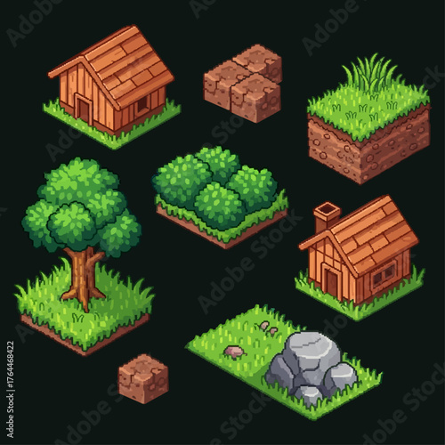 Isometric pixel art game assets: houses, grass, trees, and rocks on a dark background.