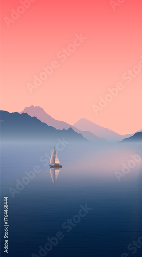 A yacht with a sail in the rays of dawn. The smooth surface of the lake in the morning. Morning landscape on a mountain lake.