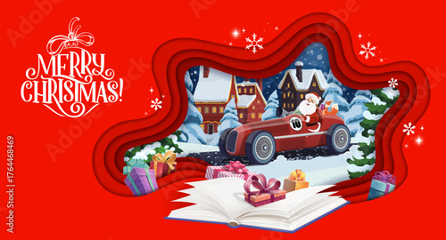 Christmas paper cut greeting card with opened book and Santa on racing car. Vector holiday poster with snowy season town and gift boxes. Santa Claus personage with squirrel character on red race car