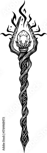 Magic crystal staff with swirling vines and mystical glowing orb. Fantasy wizard and warlock staff. Vector illustration for magic, wizardry