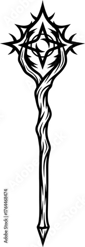 Fantasy wizard staff icon, magic wand symbol with ornate detail. Medieval sorcerer or shaman staff. Old school tattoo. Vector illustration