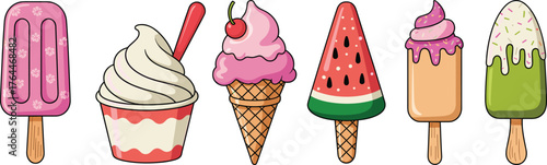 Colorful ice cream collection, summer dessert set with popsicle, cone, cup, and watermelon ice cream, sweet frozen treats illustration art