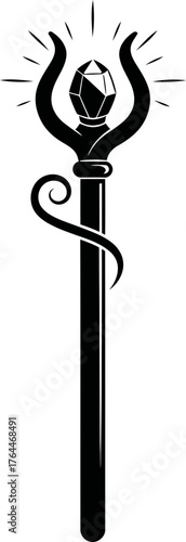 Magic wizard staff with glowing crystal gem. Fantasy sorcerer wand for game icon or avatar element. Vector illustration design