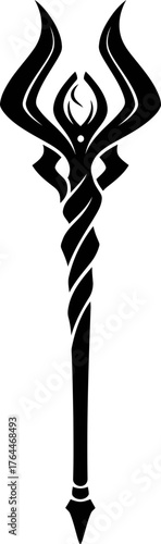 Abstract staff or scepter symbol with spiral elements. Ancient magic wand icon. Concept of power, wizardry, spell. Vector graphic element for banner, tattoo, logo, amulet design