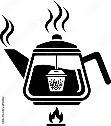 Hot tea kettle icon. Boiling water with tea infuser bag on burner. Food and drink concept. Vector illustration for cafe logo, menu