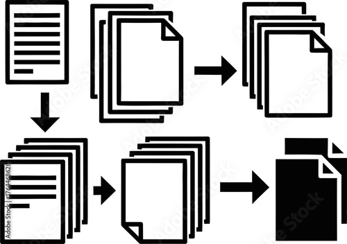 Document print process icon. Printing, copying, and scanning of paper document. Office information technology concept. Vector illustration