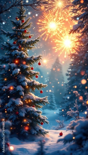 Snowy Christmas Tree with Fireworks at Night