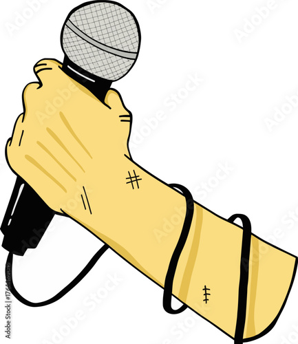 Hand holding microphone illustration, rock performance concept art in minimal cartoon style