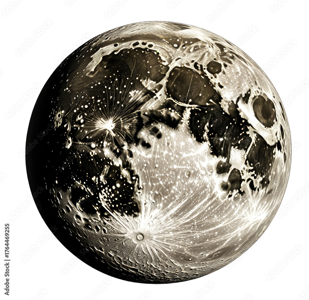 Naklejka premium Detailed full moon with visible impact craters and surface features