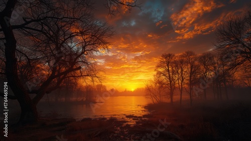 Dramatic sunset ignites the sky over a serene lake, casting vibrant orange and gold hues on bare trees and water