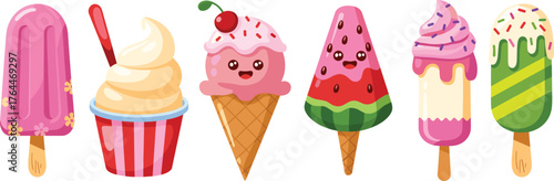 Cute colorful ice cream collection, cartoon popsicles, and sweet dessert cones illustration, summer treat design for kids, fun, and food art