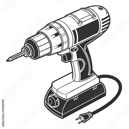 A detailed black and white illustration of a cordless electric drill with a screw bit attached and a power cord with a plug