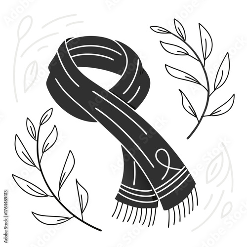 A dark gray knitted scarf with white stripes and fringe is artfully draped with delicate line art leaves and branches on a white background
