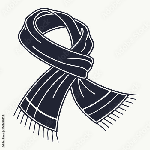A simple dark blue scarf with white stripes and fringe is elegantly tied in a knot on a plain white background
