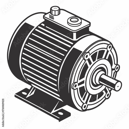 A detailed black and white illustration of an electric motor with a rotating shaft and mounting feet isolated on a white background