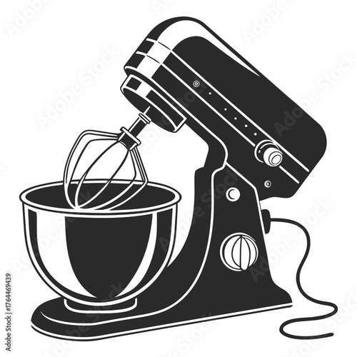 A sleek modern stand mixer with a whisk attachment and mixing bowl depicted in a bold graphic silhouette style
