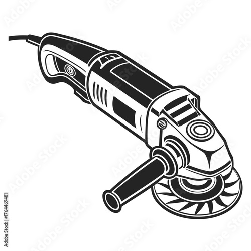 Black and white illustration of an electric angle grinder tool with a disc and handle on a white background