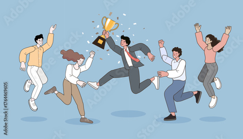 A happy business team celebrates a victory. The leader holds a gold trophy, the diverse colleagues are jumping and cheering, symbolizing successful teamwork and achieving a major goal or winning award