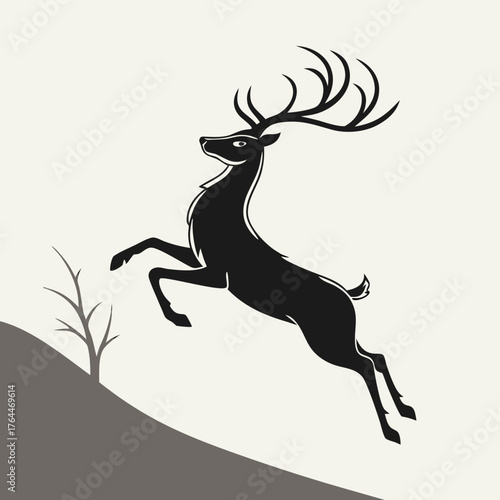 Majestic black stag with large antlers leaping gracefully over a hill with a bare tree in a minimalist graphic style