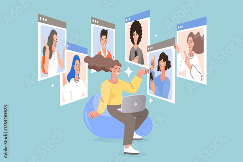 A woman uses her laptop for a video conference call with her remote team. She sits comfortably while connecting with colleagues in a virtual meeting, symbolizing online collaboration and webinars.
