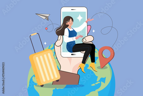 A woman uses a travel app on a smartphone to plan a global vacation. She sits in a giant hand with luggage, a map pin, and a paper airplane, symbolizing an easy online booking for her journey.
