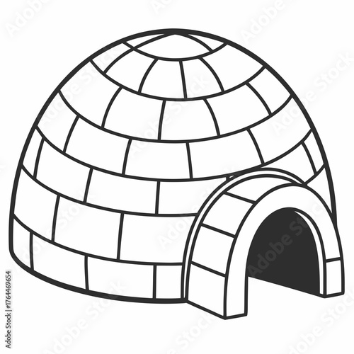 Simple black and white line art illustration of a traditional igloo dwelling with an arched entrance against a white background