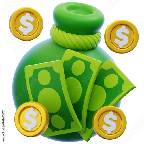 Green money bag with gold coins and banknotes in 3D illustration. Symbolizes financial prosperity, wealth, savings, investment, and economic growth opportunities