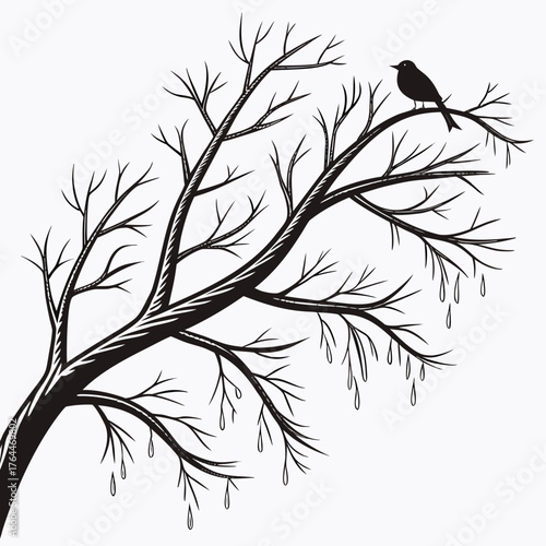 A solitary black bird perched on the bare branches of a stylized tree with dew drops falling from its limbs