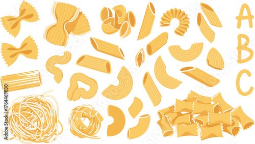 Different pasta types illustration with macaroni, spaghetti, penne, farfalle, fusilli, and ravioli, Italian food design for restaurant, cuisine, cooking