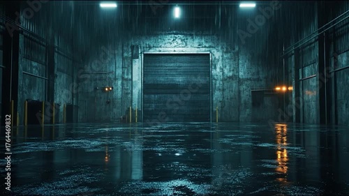 Dimly lit warehouse interior with corrugated metal door and wet floor under rain