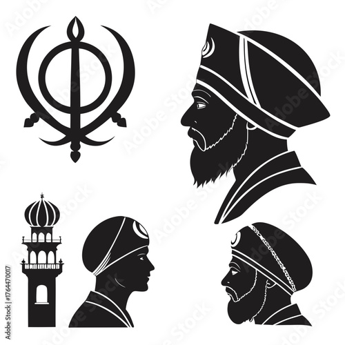 Sikh symbols and portraits in black silhouette