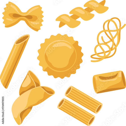 Different types of Italian pasta shapes, spaghetti, penne, farfalle, rigatoni, fusilli, ravioli, food illustration for cooking, kitchen, and design