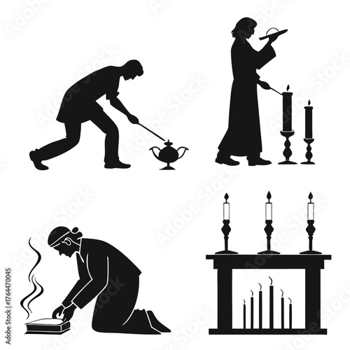 Silhouette of orthodox christian priests performing religious rituals