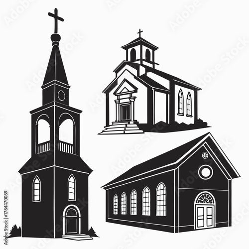 Silhouette of various christian church buildings