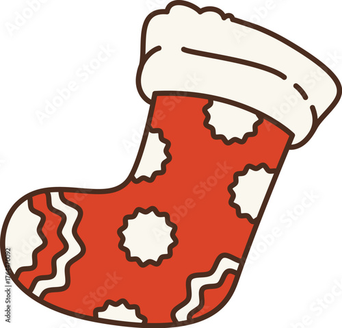 Retro cartoon groovy Christmas cozy stocking sock decorated with white zigzag ornaments and fluffy trim, and wavy lines. Isolated vector fun red sock adding vintage festive vibes to holiday season