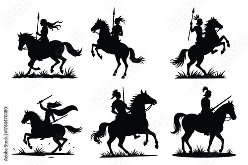 Six black silhouette horse riders with weapons on white background