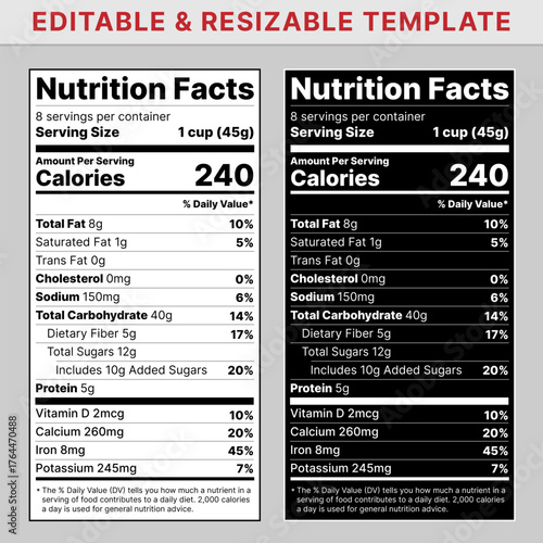 Nutrition label. Nutrition facts. Nutrition facts label template for food content, packaging design.