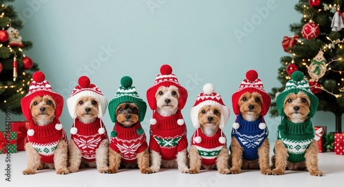A group of seven cute puppies in festive Christmas sweaters and hats. Adorable small dogs sitting in a row for a holiday portrait with copy space.