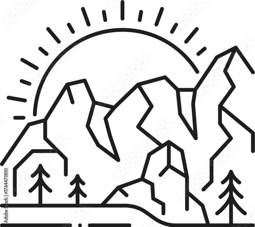 Sunset sunrise in mountains landscape line icon or emblem. Outdoor travel scene linear vector icon or pictogram. Wild nature landscape sign with sun setting or rising under mountain range, pine trees