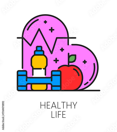 Healthy life life skill color line icon or sign. Personality quality or skill outline vector pictogram. Human healthy life ability icon with heart, water bottle, apple fruit and fitness gym dumbbell