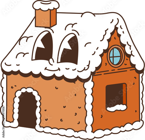 Retro cartoon groovy Christmas gingerbread house cookie character with snow icing covers of roof edges, chimney top and door frame. Vector playful holiday pastry personage with smiling face and glaze