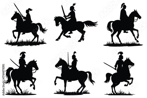 Six black silhouettes of horse riders with swords white background