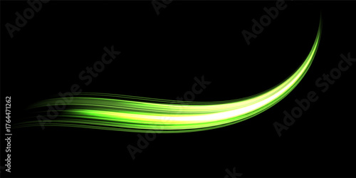 Glowing green lines. Neon realistic energy speed. Abstract light effect on a black background. Vector illustration.