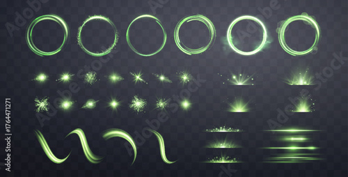 Green lens flares, lines, flashes set. Spotlight with rays or and bokeh. Glow flare light effect. Isolated on transparent background. Vector illustration.