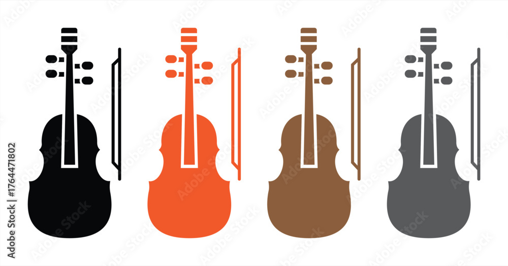 Naklejka premium Colorful Violin Icon Set with Bow in Minimalist Style