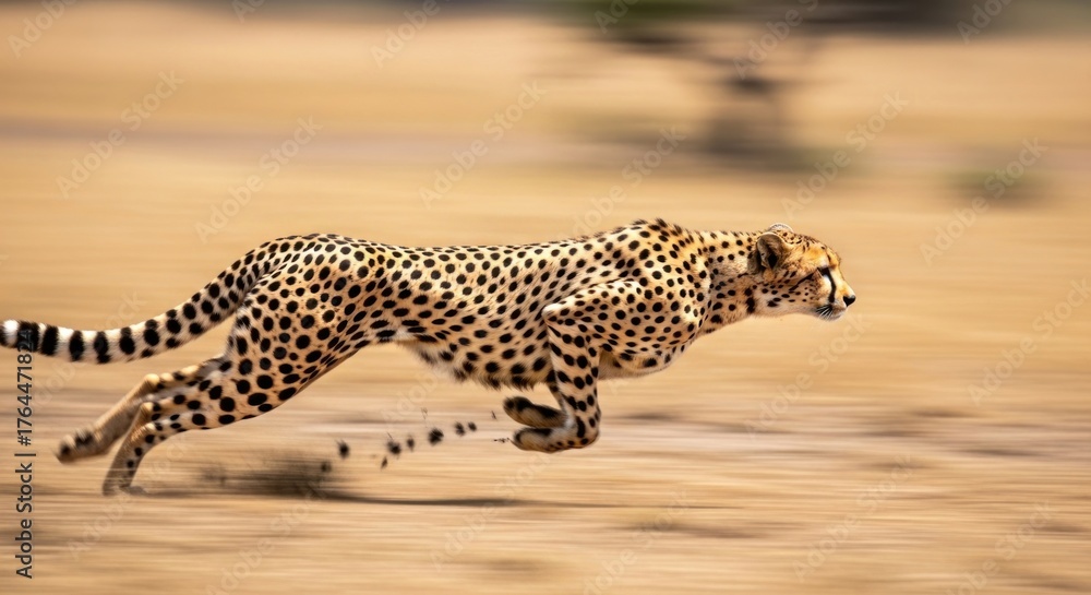 Fototapeta premium Cheetah running at high speed across a dry, dusty plain in the African savanna.