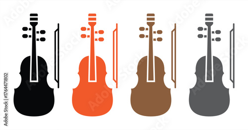 Colorful Violin Icon Set with Bow in Minimalist Style