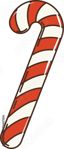 Retro cartoon groovy striped vector candy cane with red and white diagonal stripes. Xmas festive candy, Christmas menu icon. Isolated vector retro candycane sweet treat decorated with vibrant stripes